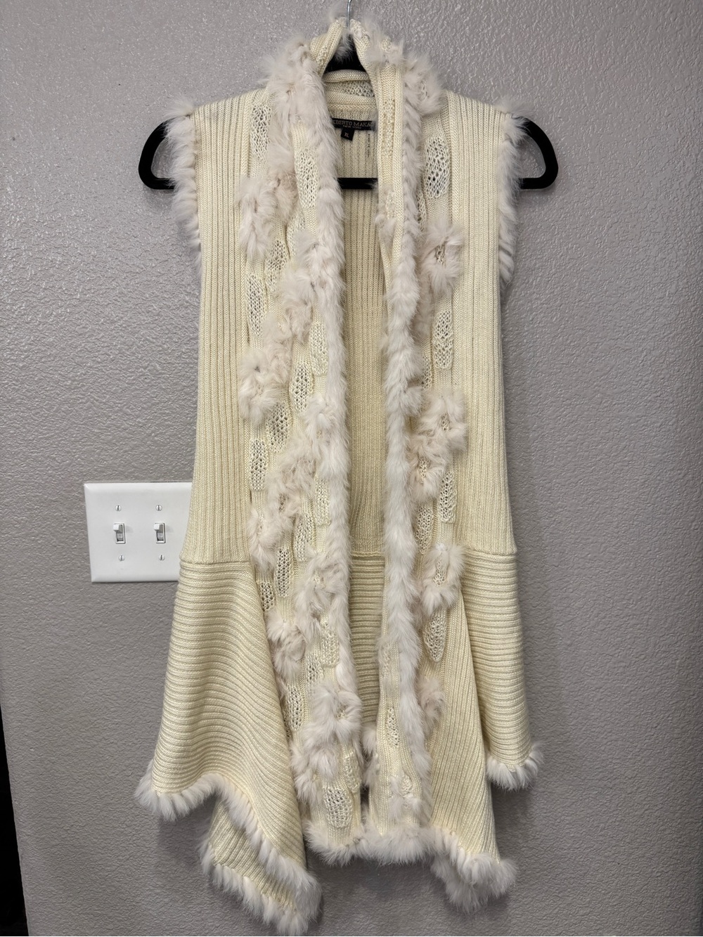 Alberto Makali XL Rabbit Fur Trim Knit Sweater Vest Cardigan Cream